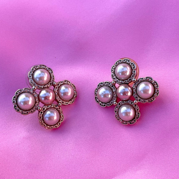 Vintage Gold Tone Faux 5 Two Tone Pink Pearl Pierced Earrings