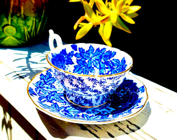 Vintage CoalPort Blue White Leaf Gold Trim Teacup Saucer Plate Set Bone China