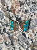 Vintage Turquoise & Coral Stone Inlay Sterling Silver Butterfly Mosaic Pendant
