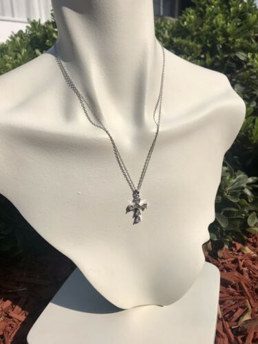 Dainty White Clear Rhinestone Silver Tone Cross Religious Necklace