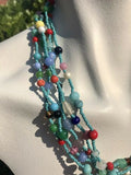 Beautiful Aqua Blue Seed Bead + Multi Stone Rainbow Multi Row Statement Necklace