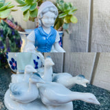 White & Blue Porcelain Ceramic Mother Goose and Her Geese Art Decor Figurine