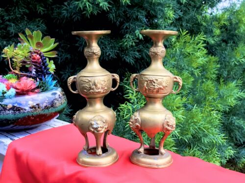 Antique Vintage Solid Brass Chinese Lion Elephant Bhudda 2 Candlestick Holders
