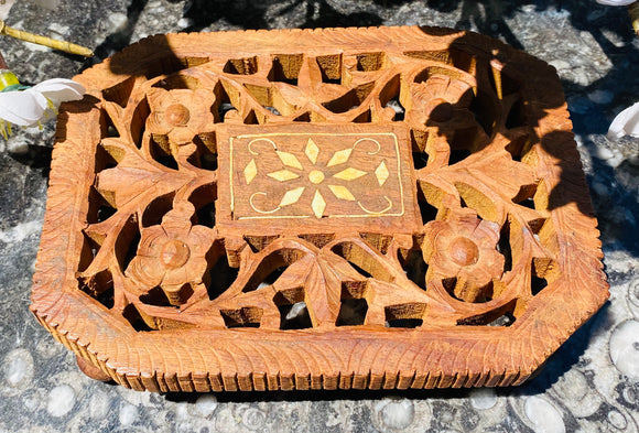 Vintage Artisan Carved Wood Ornate Floral Decorative Wooden Trivet Art