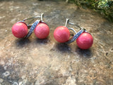 Sterling Silver 925 Pink Coral 8mm Round Stone Rhinestone Pierced Earrings
