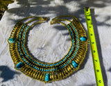 Vintage Turquoise & Gold Tone Blue Painted Scarab Bead Egyptian Collar Necklace