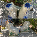 Vintage Chinese Ceramic Painted Blue & White Rabbit Bunny Art Figurine Set of 2