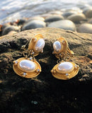 Signed Equivoque Designer Gold Tone Multi Stone Vintage Clip On Dangle Earrings