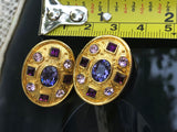 Signed “W” Gold Tone Purple Pink Rhinestone Clip On Fashion Statement Earrings