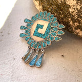 Mixtoc Zapotec Yanuitlan Sterling Silver Mexico Taxco Turquoise Mosaic Pin 12.4g