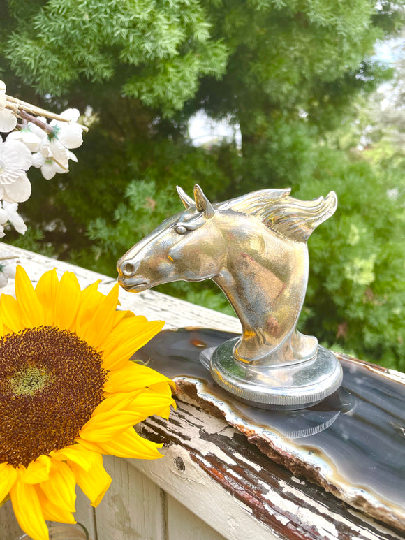 Vintage Horse Head Gold & Silver Tone Metal Car Hood Ornament Radiator Cap