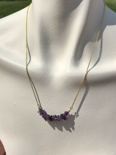 Dainty Gold Tone + Amethyst Stone Chunks Purple Necklace