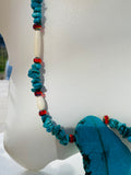 Chunky Turquoise Tone Artisan Shell Bead Red & White Beaded Fashion Necklace