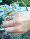 Sterling Silver Signed 925 Mosaic Long S Turquoise Stone Coral Ring Size 6.5