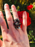 Sterling Silver Signed 925 Marcasite Red Garnet Stone Flower Ring 17g Size 5.5