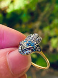 Gold / Sterling Silver 925 Hatima Hand Evil Hamsa Eye Marcasite Ring Size 7.25