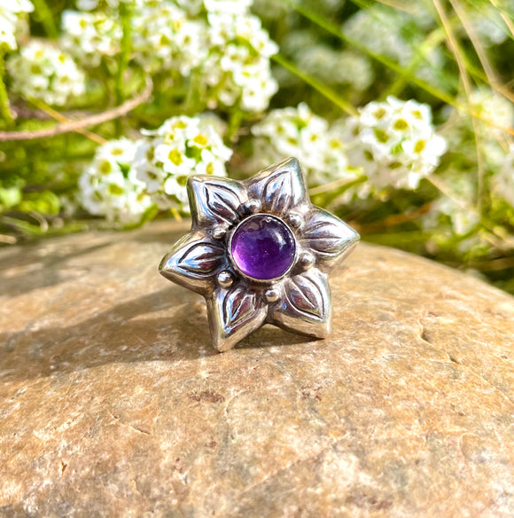 Vintage Sterling Silver 925 Amethyst Stone Flower Floral Ring 7.39g Size 6.5