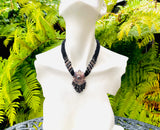 Vintage Artisan Signed 50 EB Silver Black Beaded Stone Necklace & Earrings Set