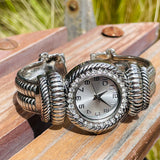 Accutime Watch Corp Japan Silver Tone Ribbed White Rhinestone Ladies Wrist Watch