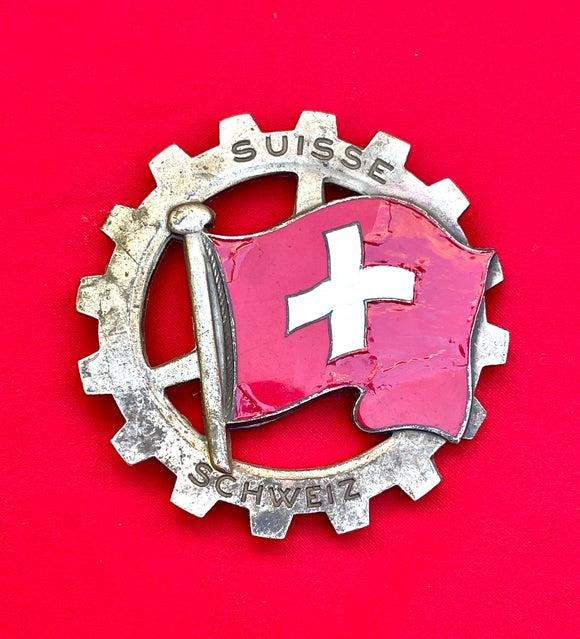 Vintage Suisse Schweiz Swiss Red Enamel Silver Tone Metal Automobile Car Badge