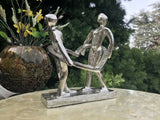 Modernist Silvertone Metal Art Sculpture of Couple Holding Heart