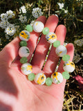 Vintage Artisan Hand Painted Sun Flower Bead Faceted Green Glass Beaded Bracelet