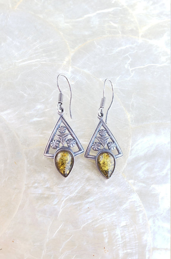 Handmade Silver tone Triangle Asterisk Faux Yellow Amber Drop Earrings