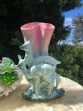 Vintage Hull Art Pottery Blue Pink Vase with two deer figures USA Large 11.5"