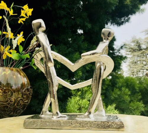 Modernist Silvertone Metal Art Sculpture of Couple Holding Heart
