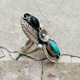 Vintage Sterling Silver 925 Black Onyx Turquoise Stone Long 9g Ring Size 5.25
