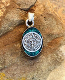 Antique Green Malachite Mexican Aztec Mayan Calendar Sterling Silver 925 Pendant